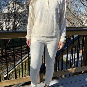 Ivory Henley Style Waffle Knit Jogger Set in Small